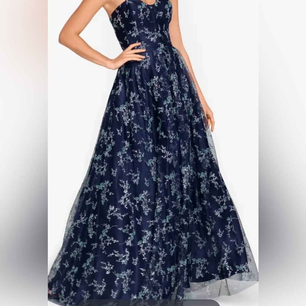 Navy floral Lined Sleeveless Full Length Gown Prom Dress by Blondie Nites size 5